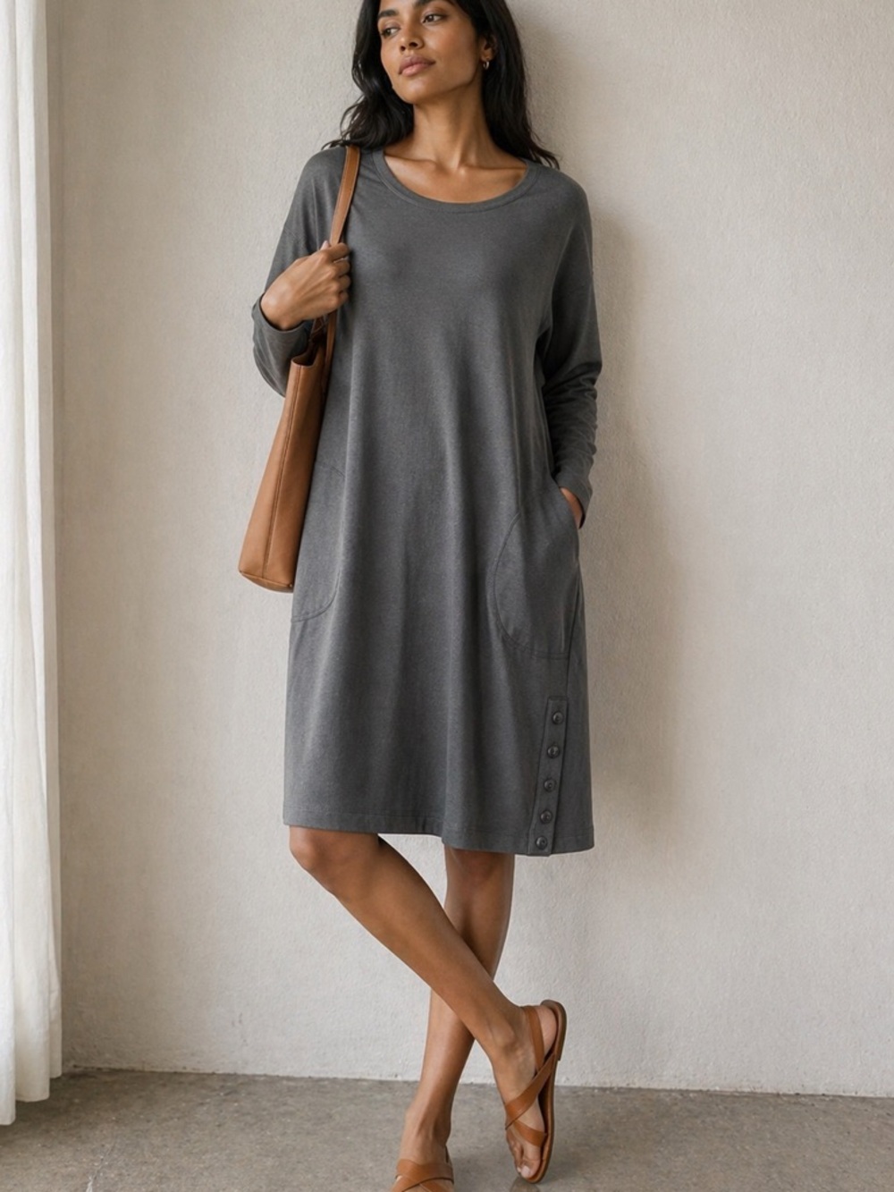 MWT J Jill Gray Knit Dress Large Petite Button Hem Pocket Long Sleeve Casual
